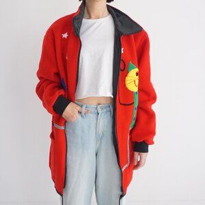 Vintage MacPhee Red Cat Print Fleece Zip Jacket Novelty Animal Kitten Sweater M